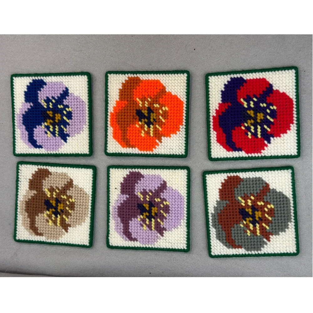 Cottagecore Floral Pansy Coaster Set Multicolor Yarn Needlepoint Handmade